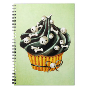 Caderno Espiral Cupcake preto do Dia das Bruxas com crânios