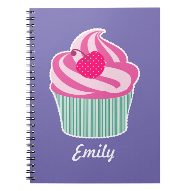Caderno Espiral Cupcake rosa personalizado WIth Bolinhas Cherry (Frente)