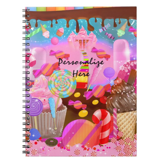 Caderno Espiral Cupcakes de fantasia da Candy Land e um tema doce (Frente)