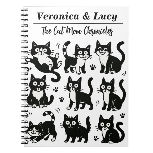 Caderno Espiral Custom Cat Mom Notebook – Funny Black & White Cat (Frente)