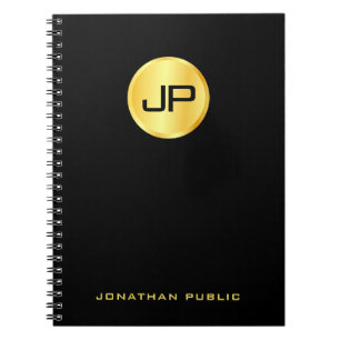 Caderno Espiral Custom Elegant Black And Gold Monogram Template