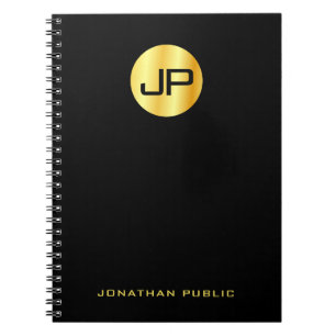 Caderno Espiral Custom Elegant Gold Monogrammed Black Template