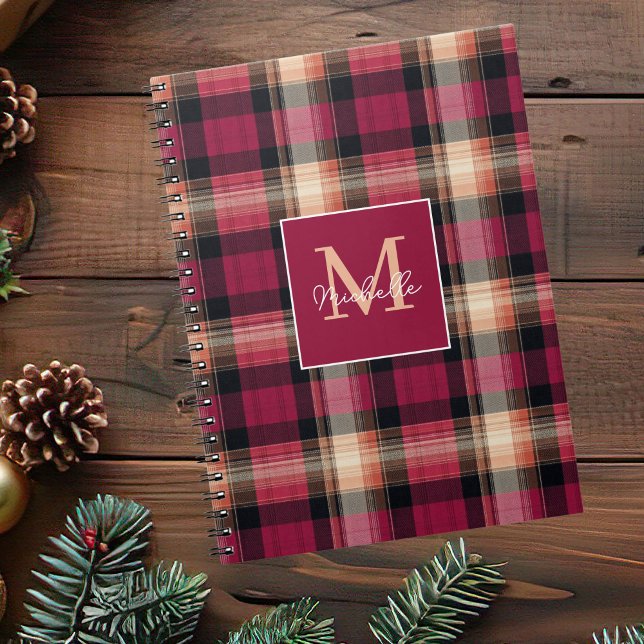 Caderno Espiral Custom Monogram Festive Gingham Style Pattern (Criador carregado)