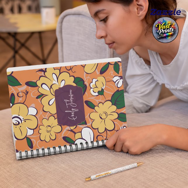 Caderno Espiral Custom Name Abstract Floral Orange White (Custom Name Abstract Floral Orange White Notebook)