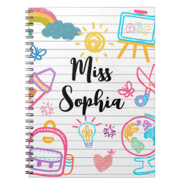 Caderno Espiral Custom Teacher Name | Cute Colorful doodle