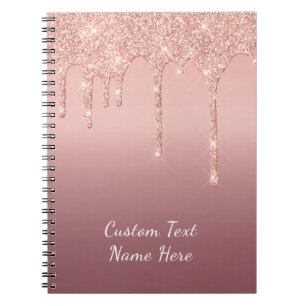 Caderno Espiral Custom Text Rose Gold Blush Glitter Sparkle Drips