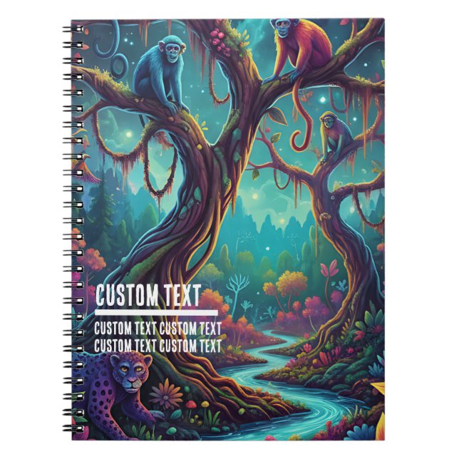Caderno Espiral Custom Text Vibrant Jungle Monkeys Whimsical (Frente)