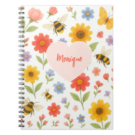 Caderno Espiral Customizable Pink Orange Floral and Bee Pattern 