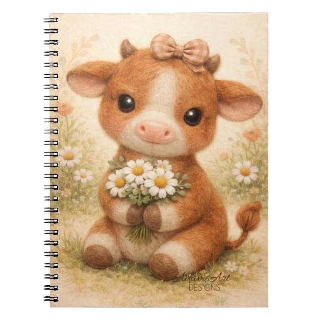 Caderno Espiral Cute Baby Cow with Daisies – Whimsical Farm (Frente)