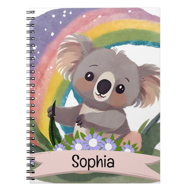 Caderno Espiral Cute Baby Koala Rainbow Nome Personalizado (Frente)