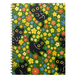 Caderno Espiral Cute Black Cats Floral Meadow Pattern