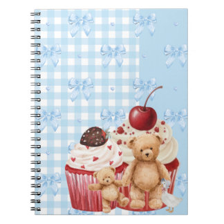 Caderno Espiral Cute Blue Gingham Teddy Bear & Ribbon