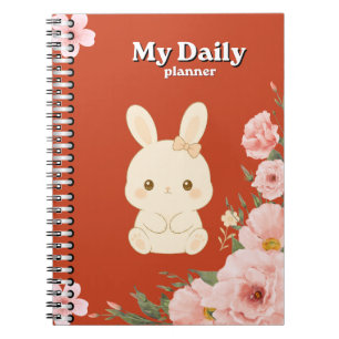 Caderno Espiral Cute Bunny Floral Diário   Aquarela Rosa 