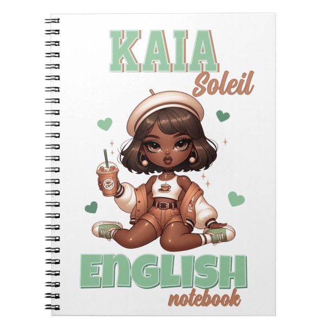 Caderno Espiral Cute Café com Gelo Menina Marrom e Verde  (Frente)