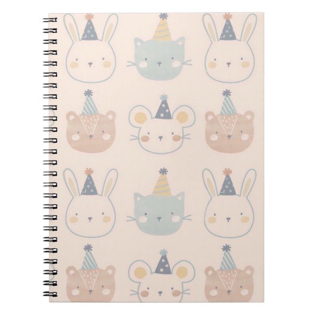 Caderno Espiral Cute Cats Rabbits and Bears Faces Pastel Pattern (Frente)