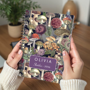 Caderno Espiral Cute Cogumelo Cinza Jardim Padrão Fungos