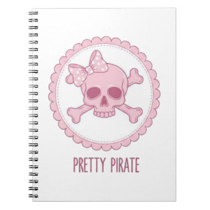 Caderno Espiral Cute Crânio Rosa Pastel com Laço e Ossos Cruzados 