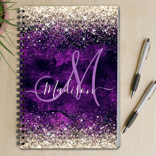 Caderno Espiral Cute dark purple gold faux glitter monogram