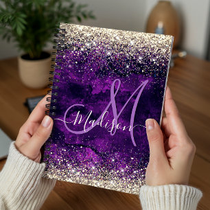 Caderno Espiral Cute dark purple gold faux glitter monogram