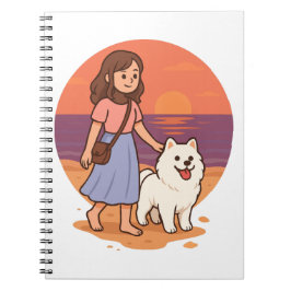 Caderno Espiral Cute Dog Mom Walking Fluffy Pup on Sunset Beach 
