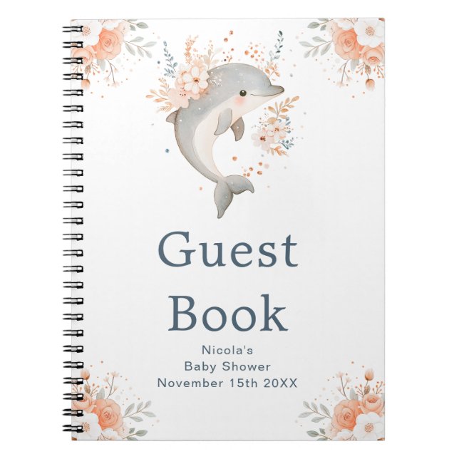 Caderno Espiral Cute Floral Dolphin Baby Shower Guest Book (Frente)
