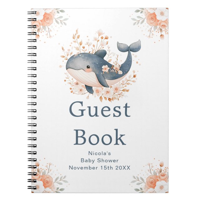 Caderno Espiral Cute Floral Whale Baby Shower Guest Book (Frente)