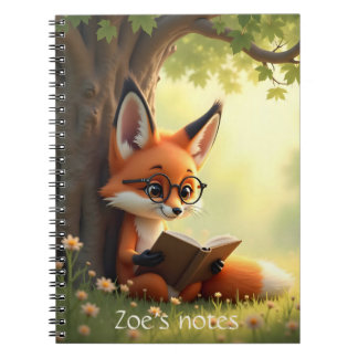 Caderno Espiral Cute fox reading a book, custom 