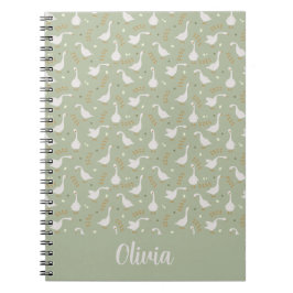 Caderno Espiral Cute Geese, Footprints and Custom Name on Green