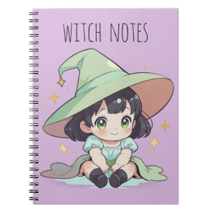 Caderno Espiral Cute Green Kawaii Garotinha Bruxa Espiral