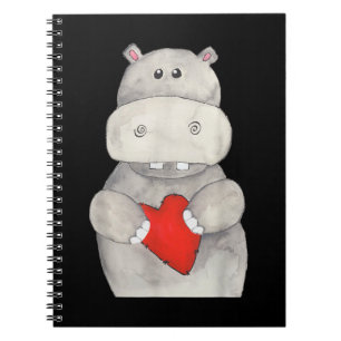Caderno Espiral Cute Hippo Hippopotamus Segurando Coração Love H