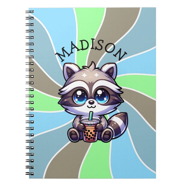 Caderno Espiral Cute Kawaii Raccoon com Bubble Tea Personalizado (Frente)