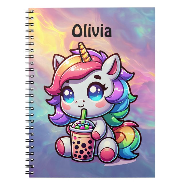 Caderno Espiral Cute Kawaii Unicórnio com Chá Bble Personalizado (Frente)
