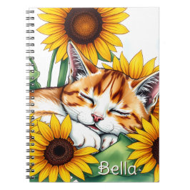 Caderno Espiral Cute Napping Kitten and Sunflowers Personalized