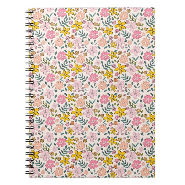 Caderno Espiral Cute Pink and Yellow Floral Pattern (Frente)