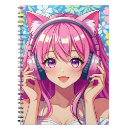Caderno Espiral Cute Pink Anime Girl with Headphones