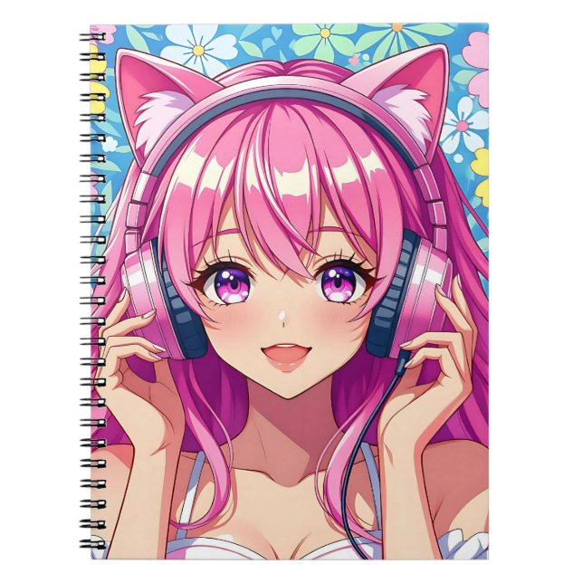 Caderno Espiral Cute Pink Anime Girl with Headphones (Frente)