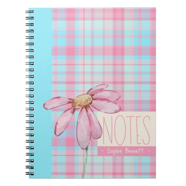 Caderno Espiral Cute plaid  pastel pink Daisy Notes Notebook  (Frente)
