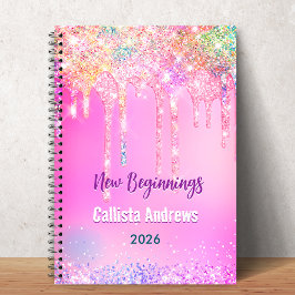 Caderno Espiral Cute Rainbow unicorn Glitter Drips pink monogram