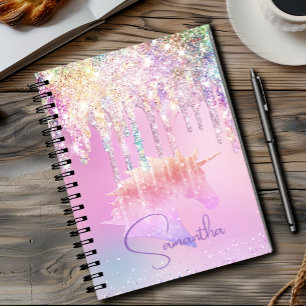 Caderno Espiral Cute Rainbow unicórnio rosa Brilhante Monograma