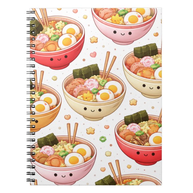 Caderno Espiral Cute Ramen Bowls - Kawaii Smiling Noodles Notebook (Frente)