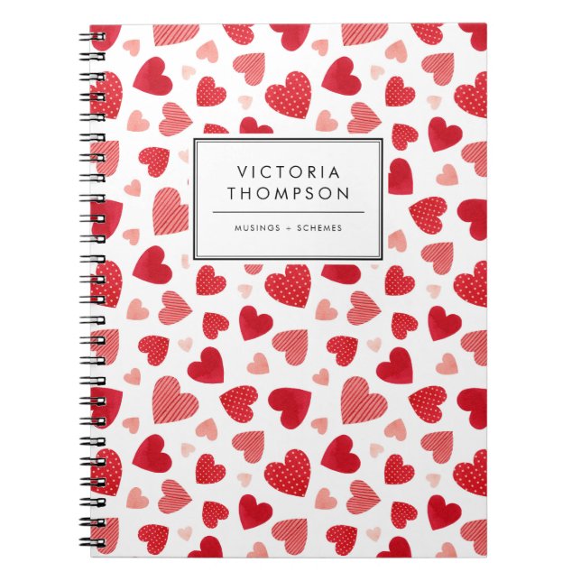 Caderno Espiral Cute Red Watercolor Patchwork Hearts Pattern (Frente)