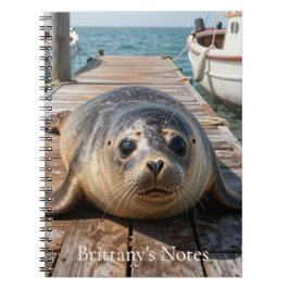 Caderno Espiral Cute Seal Laying on Boat Dock Ocean Pier