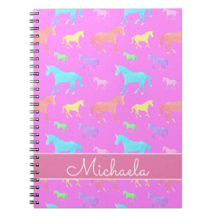 Caderno Espiral Cute Unicorn Pattern Name Purple Pink Kids School