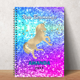Caderno Espiral Cute unicorn pink aqua faux glitter custom