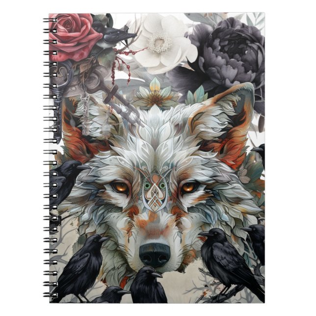 Caderno Espiral Cute Unique Boho Wolf Raven & Florals Notebook (Frente)