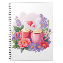Caderno Espiral Cute Valentine Cocoa Mugs with Flowers & Hearts