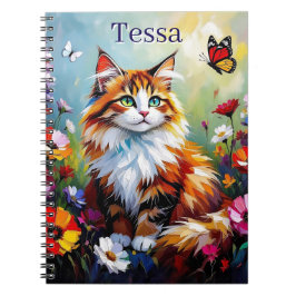Caderno Espiral Cute Whimsical Cat, Flowers and Butterflies