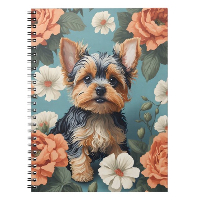 Caderno Espiral Cute Yorkshire Terrier Puppy Floral (Frente)
