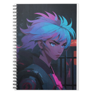 Caderno Espiral Cyberpunk Anime Girl with Neon Hair – Futuristic 