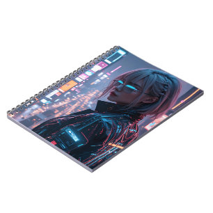 Caderno Espiral Cyberpunk Cityscape Poster Futurística Female Hack